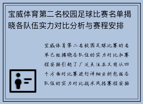 宝威体育第二名校园足球比赛名单揭晓各队伍实力对比分析与赛程安排